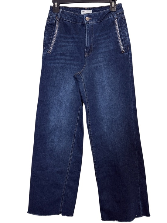 Oat New York Denim - Oat New York Women’s Dark Blue Wide-Leg Jeans with Rhinestone Slash Pockets Sz 4